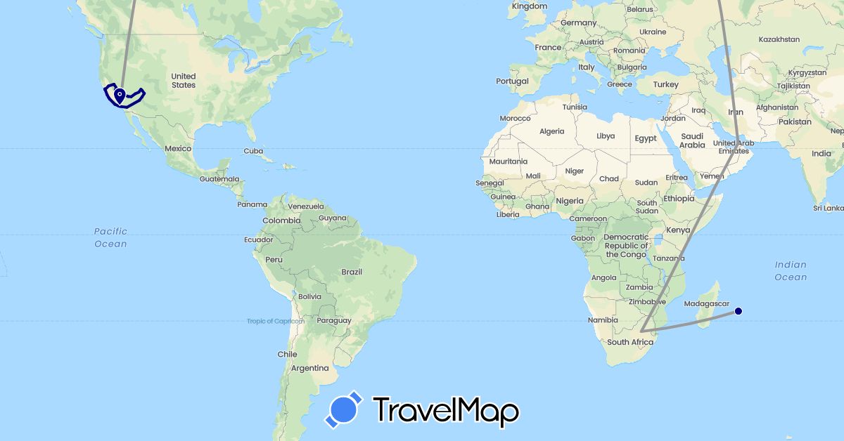TravelMap itinerary: driving, plane in United Arab Emirates, France, United States, South Africa (Africa, Asia, Europe, North America)